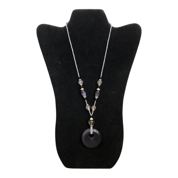Vintage Black Flat Cutout Circle Black Clear Gray Silver Bead Statement Necklace - Picture 10 of 12